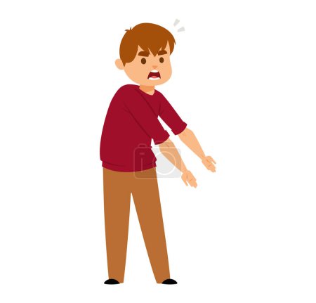 Illustration for Young boy in red shirt and brown pants looking angry and upset. Mad child with crossed arms and frustrated expression. Emotional kid, childhood emotions vector illustration. - Royalty Free Image