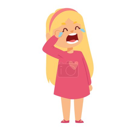 Photo for Crying blonde little girl in pink dress wiping tears. Upset child, emotional distress, unhappy preschooler vector illustration. - Royalty Free Image