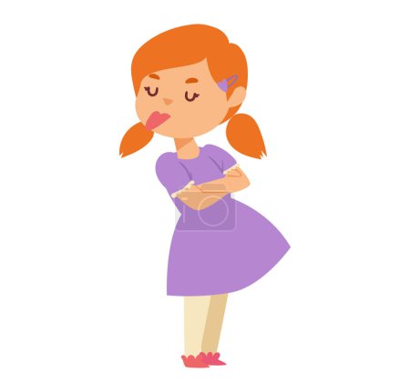 Illustration for Redheaded girl with pigtails in a purple dress pouting. Young child showing displeasure, arms crossed. Cute toddler upset, behavior concept vector illustration. - Royalty Free Image