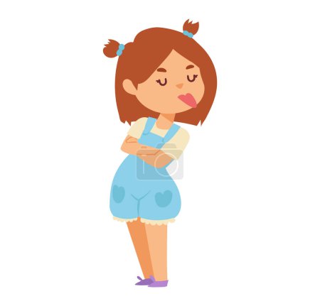 Illustration for Young girl standing with arms crossed, pouting lips, displeased expression. Cartoon child shows attitude, stubbornness. Emotional kid, defiance concept vector illustration. - Royalty Free Image