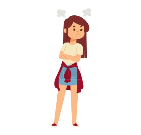 Illustration for Young girl with angry expression, arms crossed, wearing a sweater tied around her waist. Upset child cartoon character showing frustration vector illustration. - Royalty Free Image