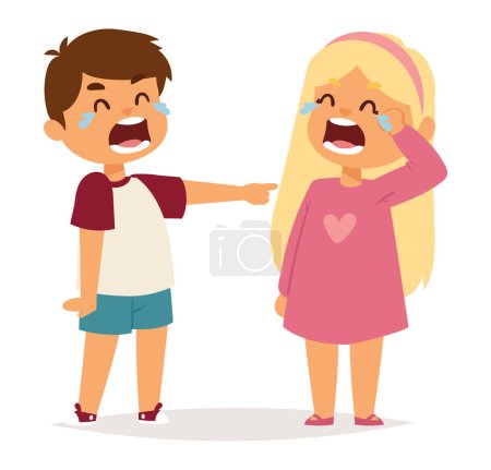 Illustration for Boy pointing and laughing at crying girl, children teasing and bullying. Cartoon kids in emotional distress vector illustration. - Royalty Free Image