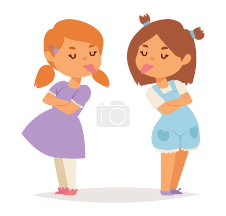 Illustration for Two young girls with crossed arms expressing disagreement and sulking. Playful kids with pouting lips feeling stubborn vector illustration. Friendship issues, childhood emotions, kids conflict. - Royalty Free Image