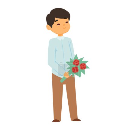 Illustration for Young Asian man holding bouquet of red roses smiling gently. Casual attire, romantic gesture, gift of flowers vector illustration. - Royalty Free Image