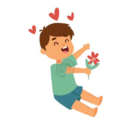 Ilustración de Feliz niño de dibujos animados sentado sostiene flor con corazones. Muestra amor con una expresión alegre. Niño alegre con la planta, la felicidad concepto vector ilustración. - Imagen libre de derechos