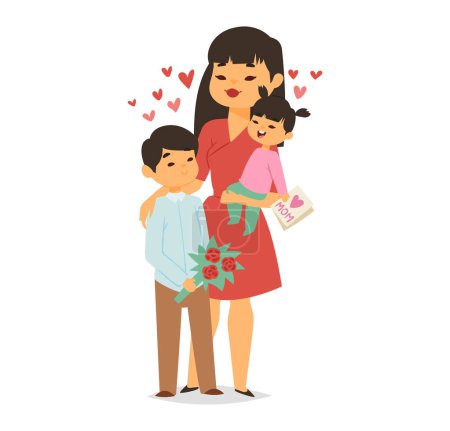 Illustration for Asian mother with two children, boy giving flowers, daughter holding card with Mom. Family showing love, Mothers Day celebration vector illustration - Royalty Free Image