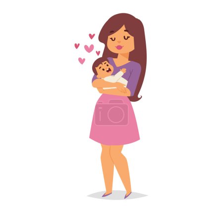 Illustration for Mother lovingly holding her baby with care and affection. Young woman cradling a happy infant surrounded by hearts. Motherhood and love concept vector illustration. - Royalty Free Image