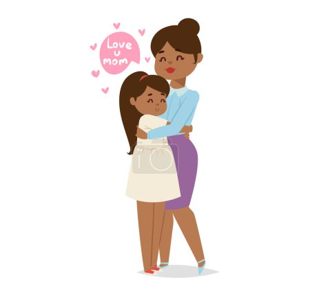 Illustration for Mother and daughter embracing with love, young African descent girl hugs her mom, both smiling. Mothers Day celebration, family affection and tenderness vector illustration. - Royalty Free Image