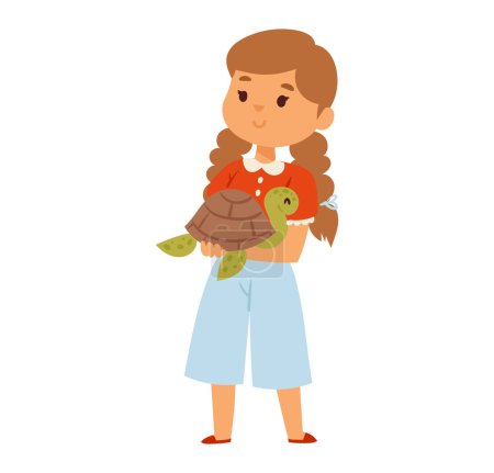 Illustration for Young girl with brown hair holding a turtle and apple, wearing red sweater and blue pants. Child caring for pet, healthy snack concept vector illustration. - Royalty Free Image