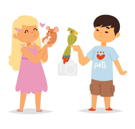 Photo for Girl lovingly holding a mouse, boy happily showing a parrot. Kids with pet animals showing affection vector illustration. - Royalty Free Image