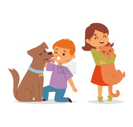 Téléchargez les photos : Garçon caressant heureux chien brun et fille tenant chat roux, les deux enfants souriant. Propriété joyeuse des animaux de compagnie et enfants avec des animaux illustration vectorielle. - en image libre de droit