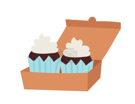 Téléchargez les illustrations : Deux cupcakes avec glaçage blanc dans une boîte marron. Articles de boulangerie sucrés pour dessert, illustration vectorielle de style dessin animé simple. - en licence libre de droit