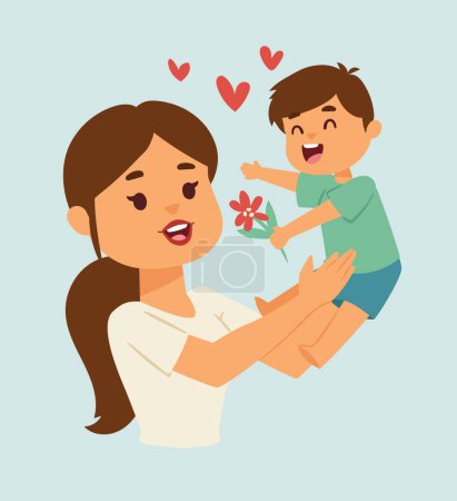 Illustration for Young boy giving flower to smiling woman, mother and son showing affection, child with red flower. Happy Mothers Day, love and family vector illustration. - Royalty Free Image