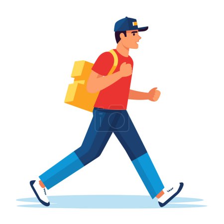 Illustration for A delivery man with a backpack is briskly walking in a red shirt and cap, vector illustration. - Royalty Free Image