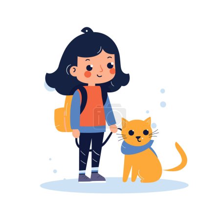 Illustration for A girl with a backpack is standing smiling next to a happy orange cat in a vector illustration - Royalty Free Image