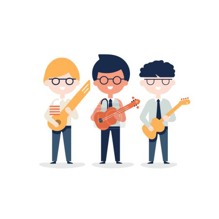 Téléchargez les illustrations : Trois musiciens de bande dessinée jouent de la guitare dans une illustration vectorielle simple. - en licence libre de droit