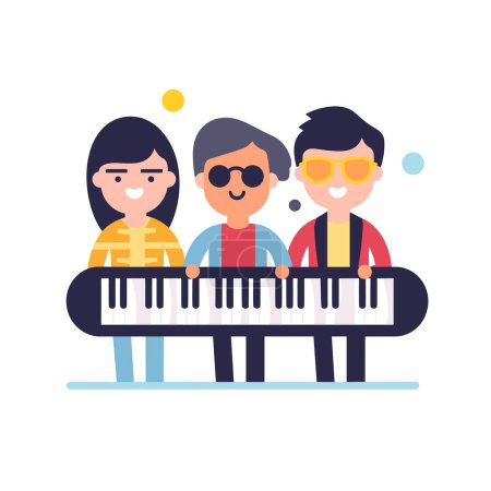 Téléchargez les illustrations : Trois enfants heureux jouent du piano ensemble dans cette illustration vectorielle colorée. - en licence libre de droit