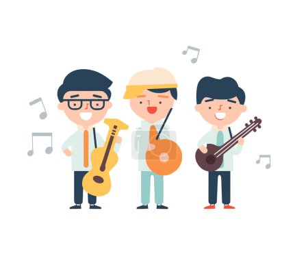 Téléchargez les illustrations : Trois personnages de bande dessinée jouent des instruments de musique dans une illustration vectorielle - en licence libre de droit
