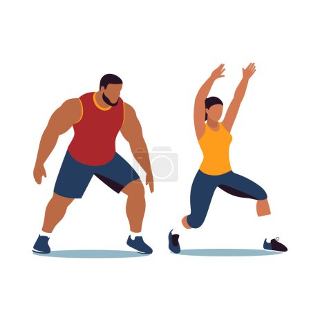Illustration for Man and woman exercising together, fitness duo stretching, diverse body types training. Workout partners, active lifestyle vector illustration. - Royalty Free Image