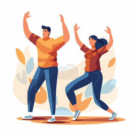 Illustration for Young man and woman dancing joyfully together, happy couple with casual wear performing a dance. Energetic dance moves, joyful youth vector illustration - Royalty Free Image