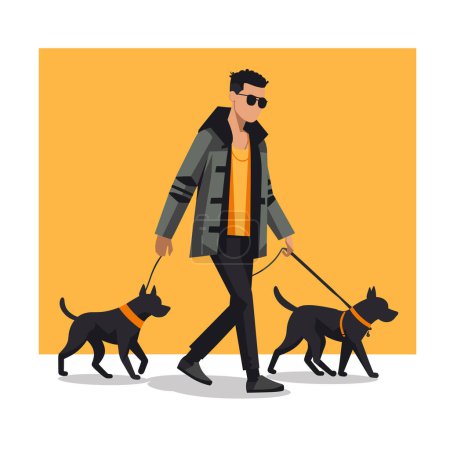 Illustration for Stylish man walking two black dogs on leashes. Casual guy with sunglasses enjoys dog walking. Urban pet care and lifestyle vector illustration - Royalty Free Image