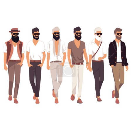Illustration for Six stylish men walking casually. Modern male fashion, different outfits and looks. Fashionable mens streetwear, casual style vector illustration. - Royalty Free Image