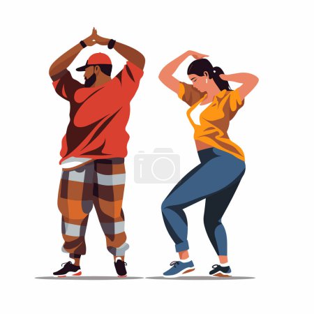 Téléchargez les photos : Deux personnes dansent, homme en chemise rouge et pantalon à carreaux, femme en haut jaune et pantalon bleu. Danse de rue urbaine, danseurs hip hop illustration vectorielle. - en image libre de droit