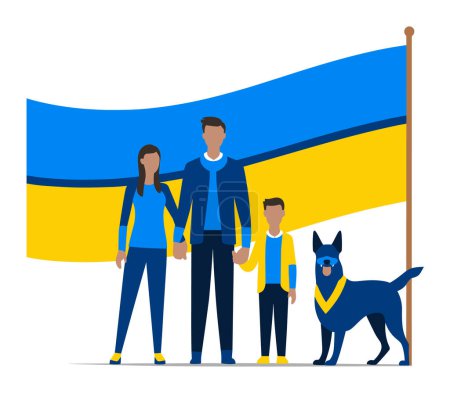 Photo for Family in blue and yellow clothing with dog standing before large flag. Patriotic family portrait with pet, unity and national pride concept vector illustration. - Royalty Free Image