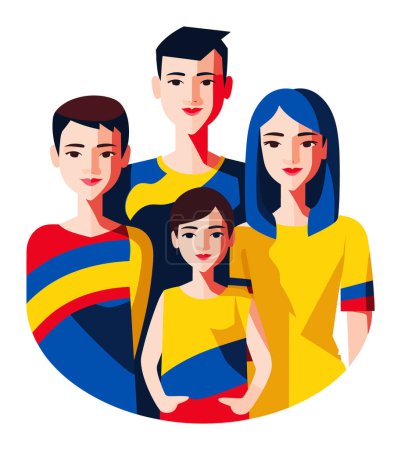Illustration for Family portrait with two adults and two teenagers smiling. Casual style, happy family together, modern design. Vector illustration of united family, happiness concept. - Royalty Free Image