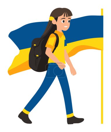 Téléchargez les photos : Jeune étudiante marchant avec le drapeau ukrainien. Fille porte un sac à dos, montrant patriotisme, illustration vectorielle de soutien national - en image libre de droit