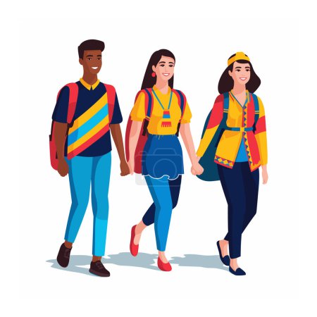 Illustration for Three young adults in colorful casual wear walking together, African man, two Caucasian women, smiling, friendship. Multicultural group, casual urban youth lifestyle vector illustration. - Royalty Free Image
