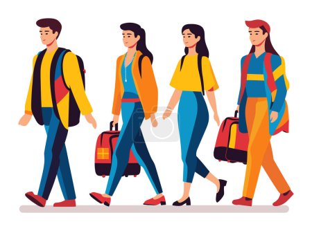 Photo for Group of four young adults walking confidently with luggage. Diverse travelers in casual wear going on a trip. Travel and tourism concept. Friends ready for vacation vector illustration. - Royalty Free Image