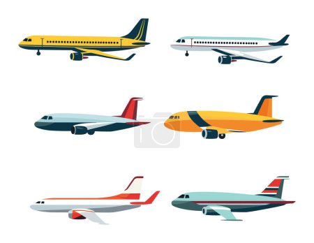 Photo for Collection of various commercial passenger airplanes in flight and on ground. Side view of different airlines and airplane models. Air travel and transportation vector illustration. - Royalty Free Image