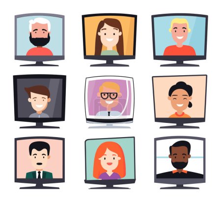 Diverse Gruppe von Zeichentrickfiguren auf Computerbildschirmen. Virtuelle Besprechungen, Online-Diversität und Abbildung von Fernarbeits-Konzepten.