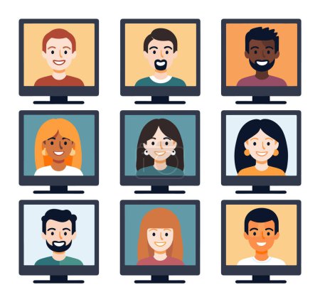 Ilustración de Diverso grupo de personas de dibujos animados sonriendo en las pantallas de la computadora. Nueve personajes felices y multiétnicos en una cuadrícula de monitores. concepto de conferencia en línea vector ilustración. - Imagen libre de derechos