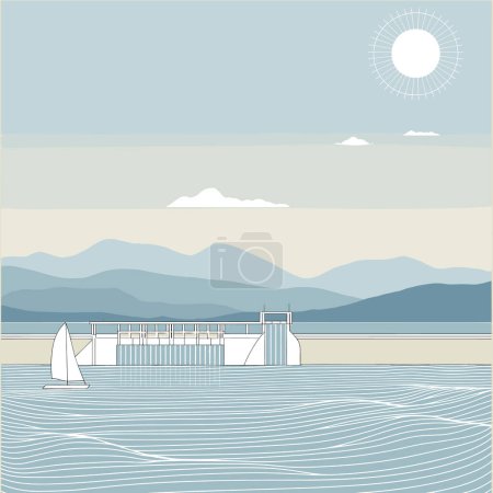 Illustration for Sailboat on calm sea near modern villa, mountains in background, sunny day. Serene summer vacation, ocean scenery vector illustration. - Royalty Free Image