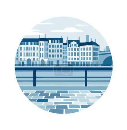 Illustration for European cityscape with buildings facing a river, bridge in the background. Monochromatic blue color scheme vector illustration. Urban architecture and riverfront scenic view. - Royalty Free Image