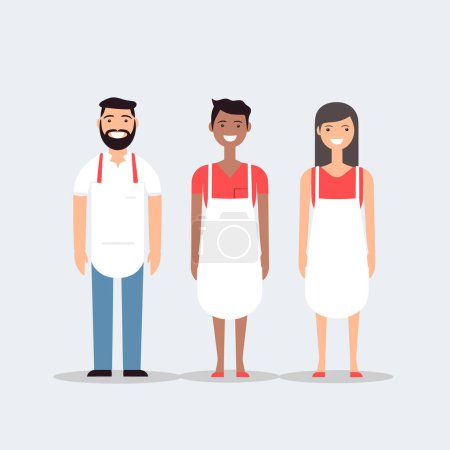Photo for Three multicultural chefs smiling together in uniform. Teamwork in the kitchen with diverse staff. Hospitality industry workers vector illustration. - Royalty Free Image