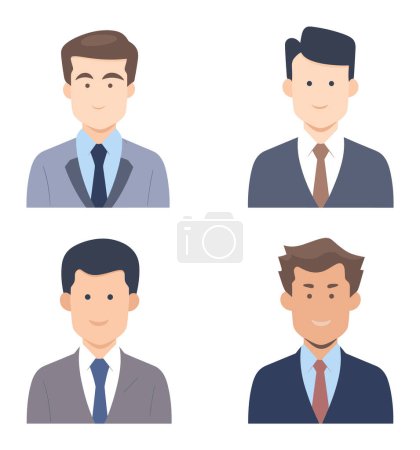 Téléchargez les illustrations : Quatre personnages masculins en tenue de travail. Avatars hommes d'affaires avec différentes coiffures. Illustration vectorielle de portrait d'équipe masculine professionnelle. - en licence libre de droit