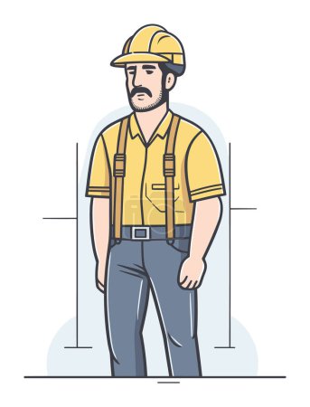 Photo for Caucasian construction worker in yellow hard hat and suspenders. Serious professional builder standing confidently. Construction industry safety and workforce vector illustration. - Royalty Free Image
