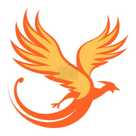 Ilustración de Ave fénix naranja en vuelo con alas extendidas y cola. pájaro fuego mítico se eleva con gracia ilustración vector. - Imagen libre de derechos