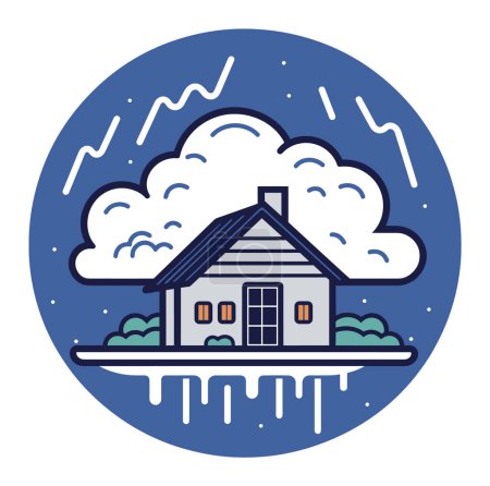 Photo for House floating in stormy weather with lightning and rain. Monochromatic blue and white safety concept. Disaster preparation and weather emergency vector illustration. - Royalty Free Image
