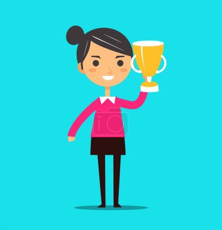 Photo for Young Asian woman holding trophy with a big smile, standing against a blue background. Success and achievement concept vector illustration. - Royalty Free Image