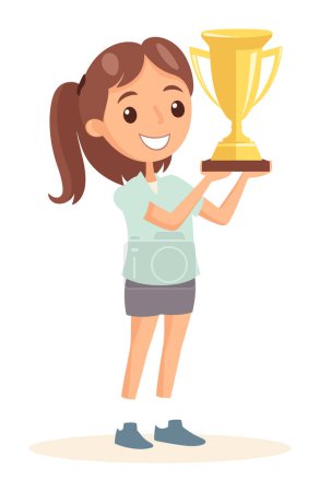 Illustration for Young girl holding a gold trophy, celebrating a win with a big smile. Child achiever showing her prize for success. Celebration of achievement and child success vector illustration. - Royalty Free Image