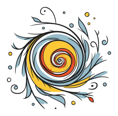 Illustration for Abstract swirl design with blue and yellow leaves. Artistic spiral with foliage accents. Creative nature-inspired graphics vector illustration. - Royalty Free Image