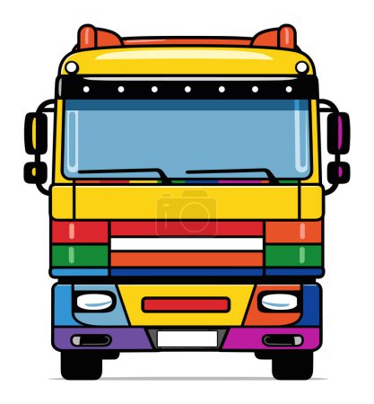 Illustration for Front view of colorful cartoon school bus with bright stripes. Kids transport, educational vehicle vector illustration. - Royalty Free Image