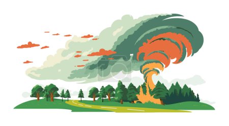 Tornado approaching over green landscape, trees swaying in the wind, threatening weather. Disaster nature scene with whirlwind. Environmental catastrophe vector illustration.