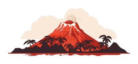Erupción del volcán con flujo de lava y palmeras. Desastre natural erupción volcánica con nubes de humo vector ilustración.