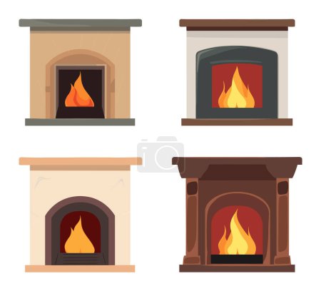 Ilustración de Conjunto de cuatro chimeneas diferentes con fuegos ardientes. Varios diseños que van desde el clásico a la ilustración de vectores de estilo moderno. - Imagen libre de derechos