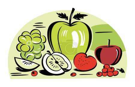 Photo for Assorted fresh fruits illustration, green apple, grapes, and red apple. Half and whole fruits, healthy food concept. Freshness and nutrition vector illustration. - Royalty Free Image